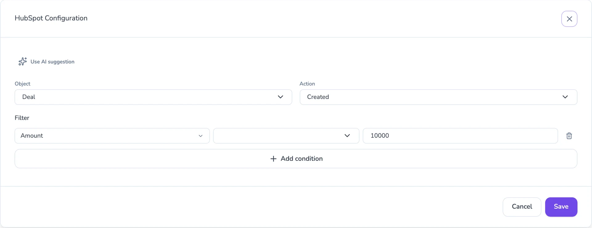 A HubSpot trigger configured to fire on deals created above a set amount