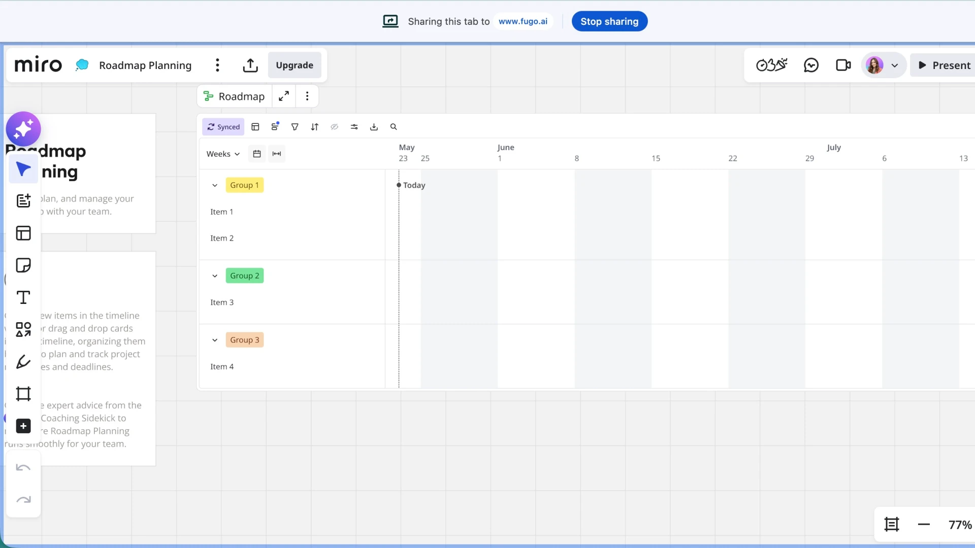 Chrome share bar showing a Miro Roadmap Planning tab being cast live to fugo.ai