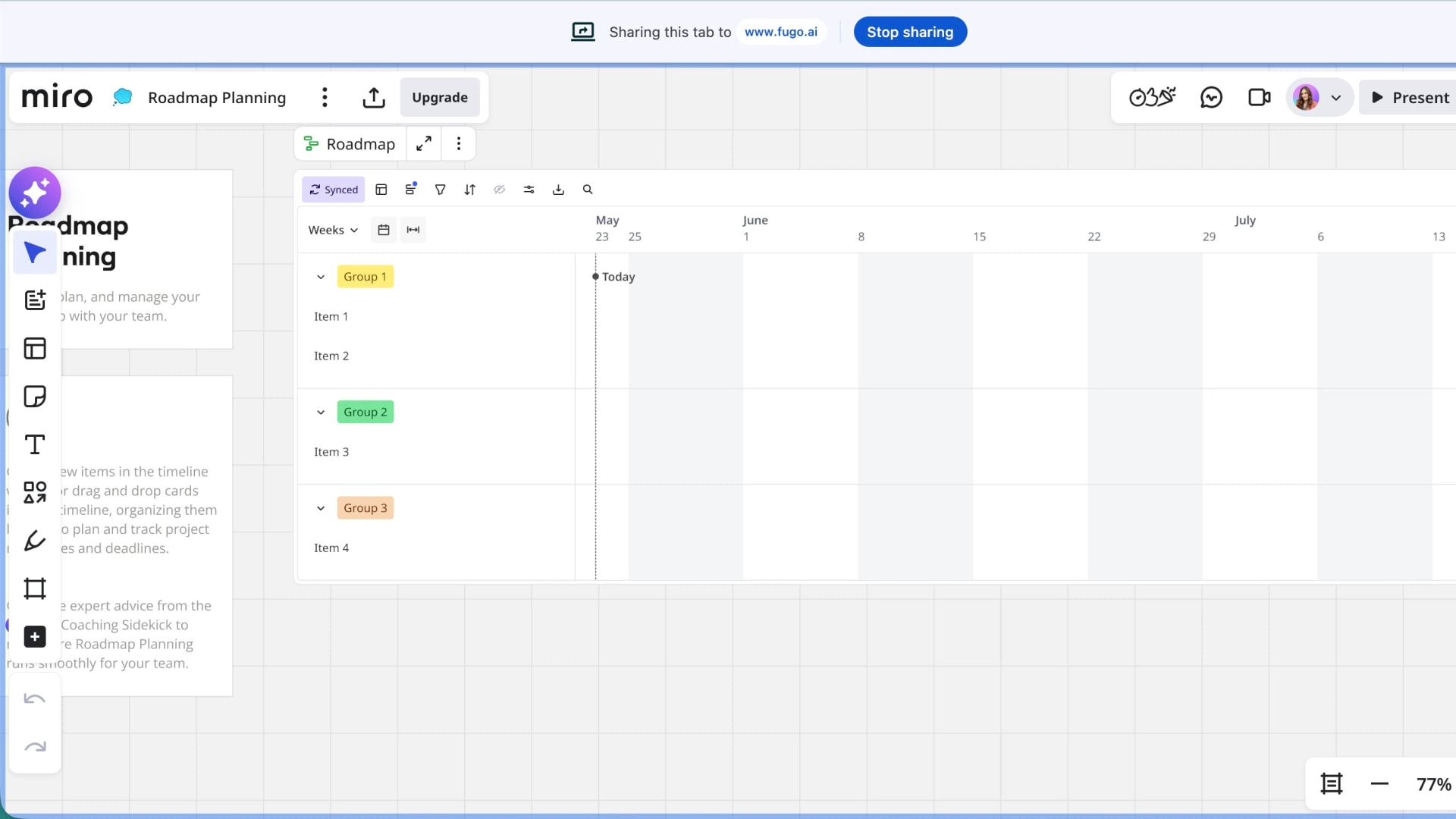 Chrome share bar showing a Miro Roadmap Planning tab being cast live to fugo.ai