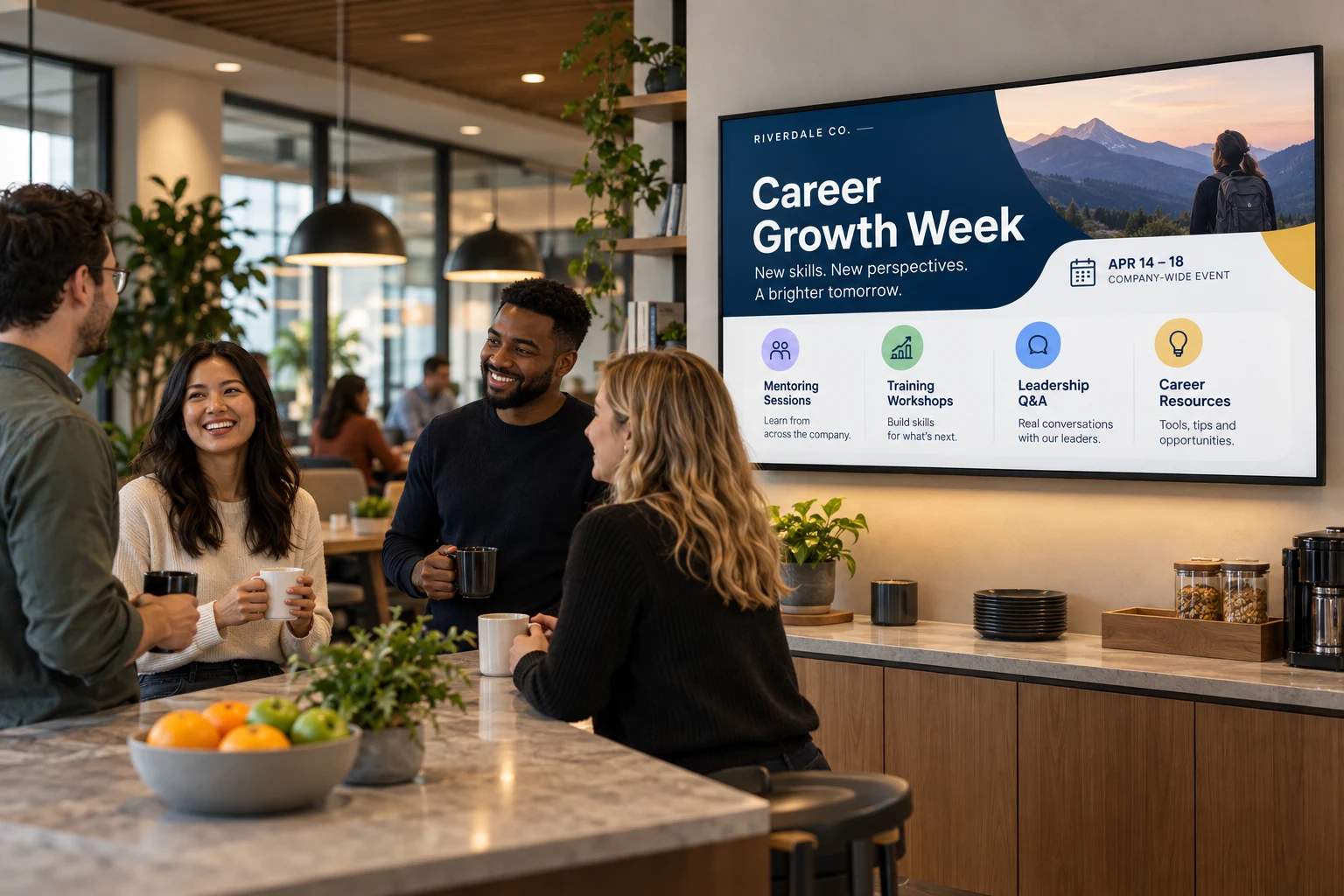 Breakroom screen with company news and recognition