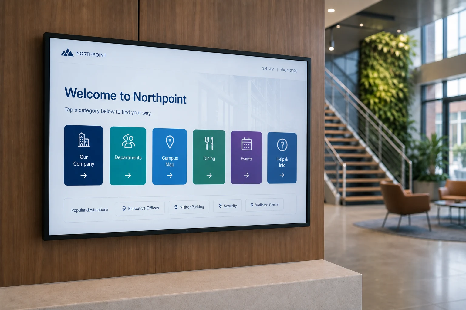 Reception lobby screen welcoming arriving guests