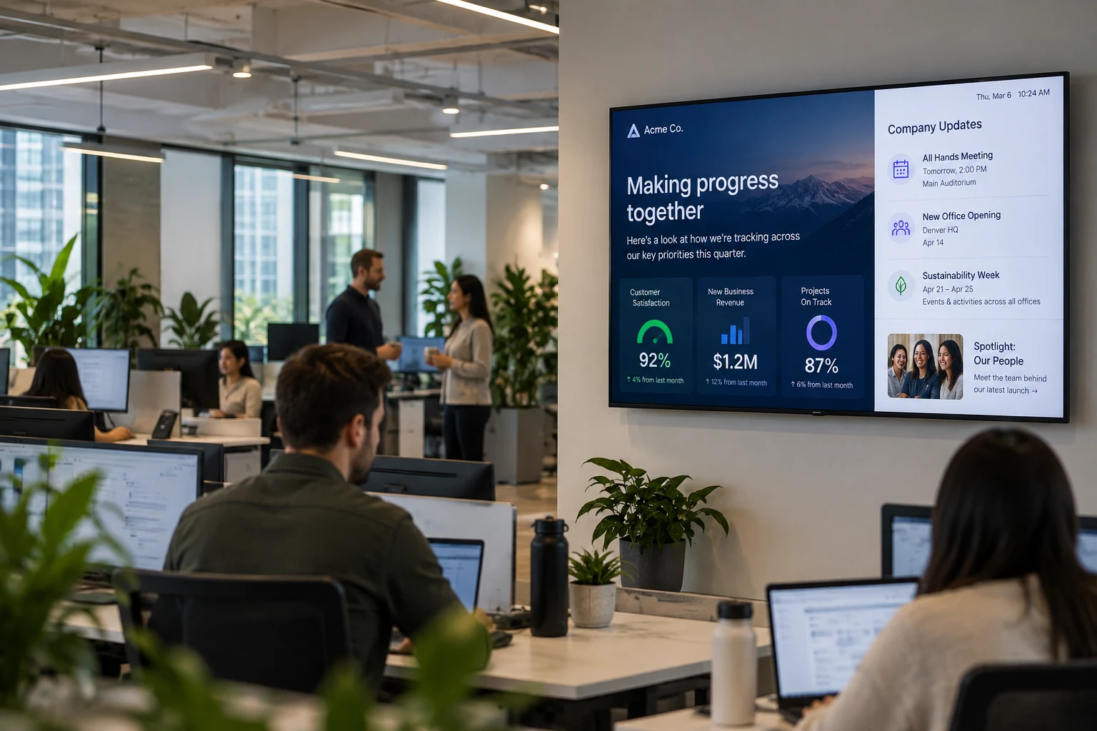 Open office floor with a large screen showing team priorities