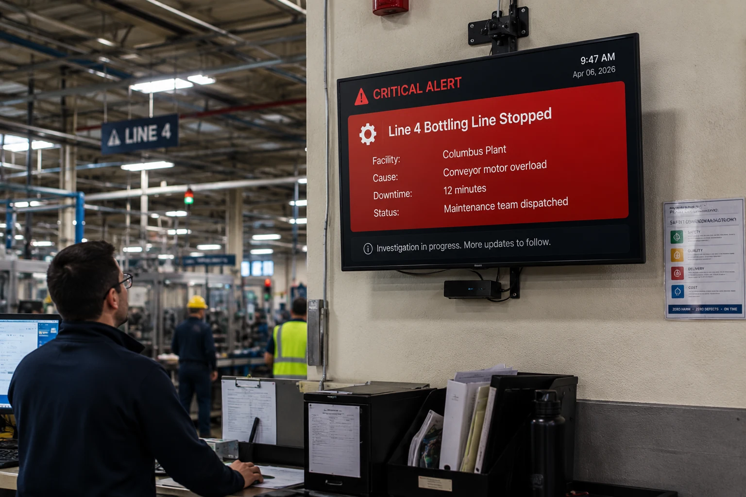 Operations desk with a screen showing a live system alert
