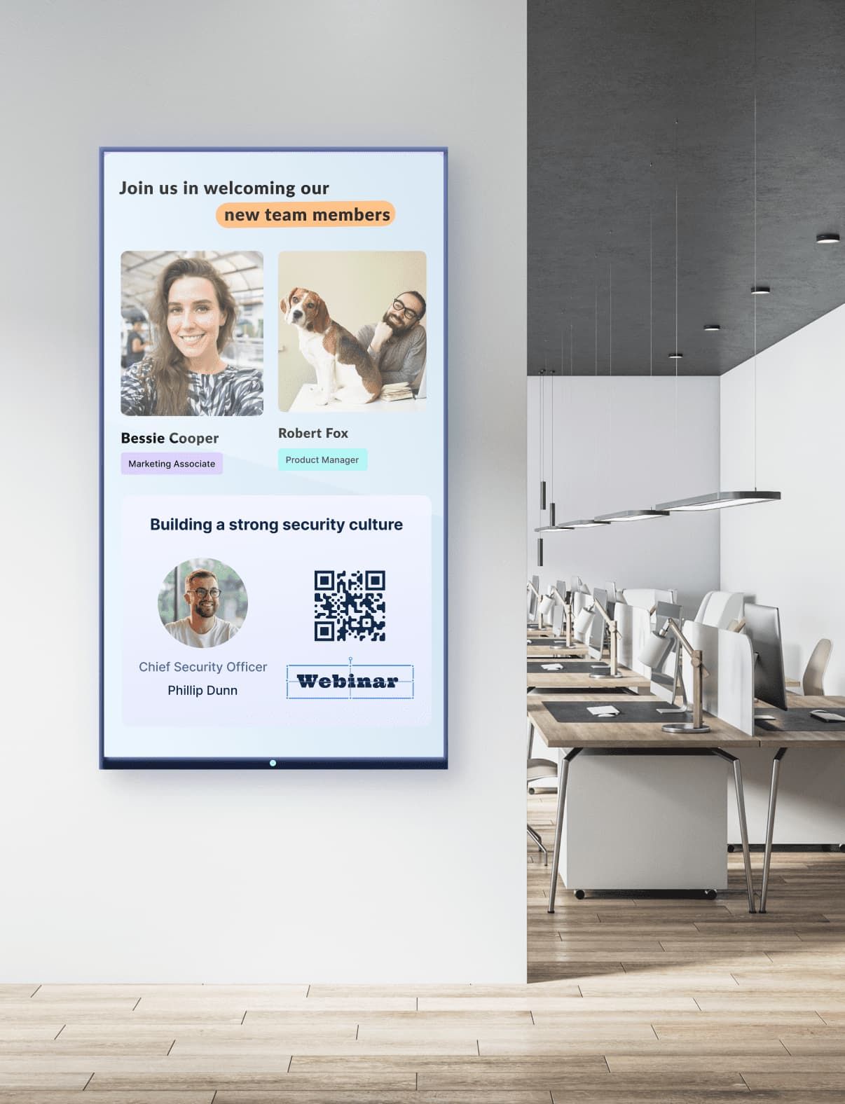 A digital signage screen in an office is showing information about new employees & company announcements. There are also elements of Fugo's digital signage software overlaying the photo.