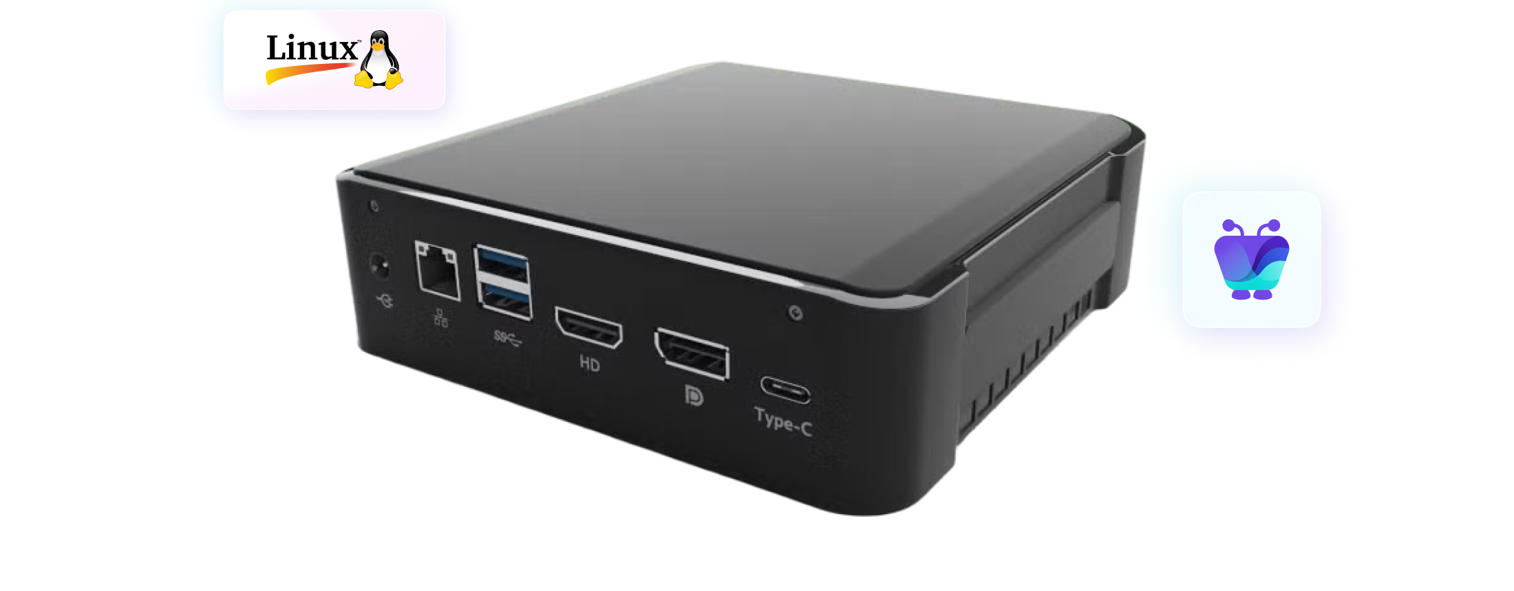 A Linux mini-PC device with various ports including HDMI, USB, and Ethernet, alongside Linux branding elements.