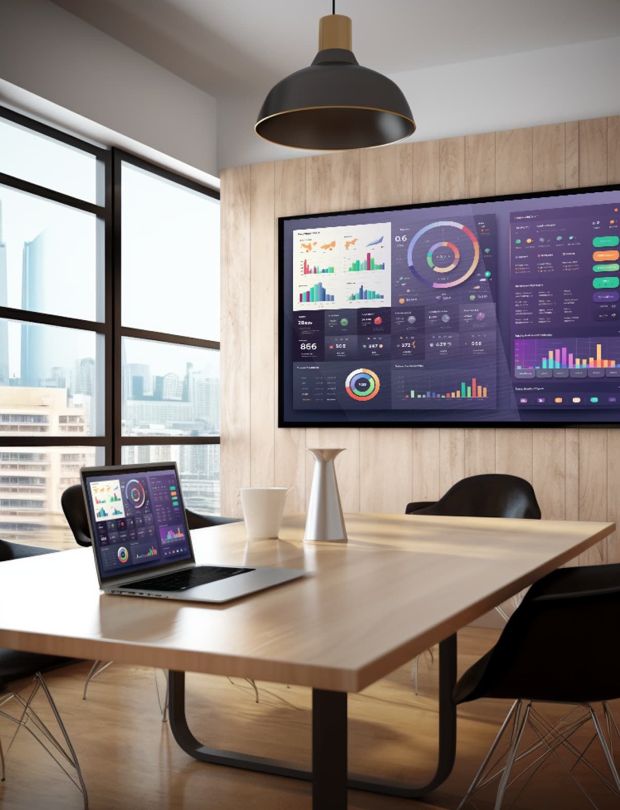 A digital signage screen in a conference room is displaying a TV dashboard. There is a laptop on the table that is using screen mirroring software to mirror the dashboard on the TV dashboard. UI elements of Fugo's digital signage software are overlain over the photo.