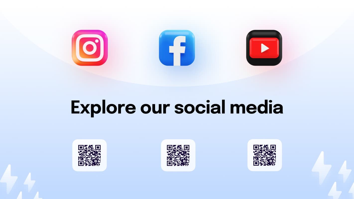A digital signage template for the purpose of brand engagement shows the social media icons for Instagram, Facebook & Youtube, with QR codes.
