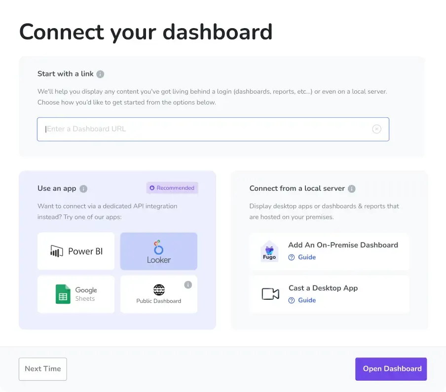 A screenshot of Fugo's TV dashboard software shows the user interface for connected a TV screen to popular business intelligence platforms.