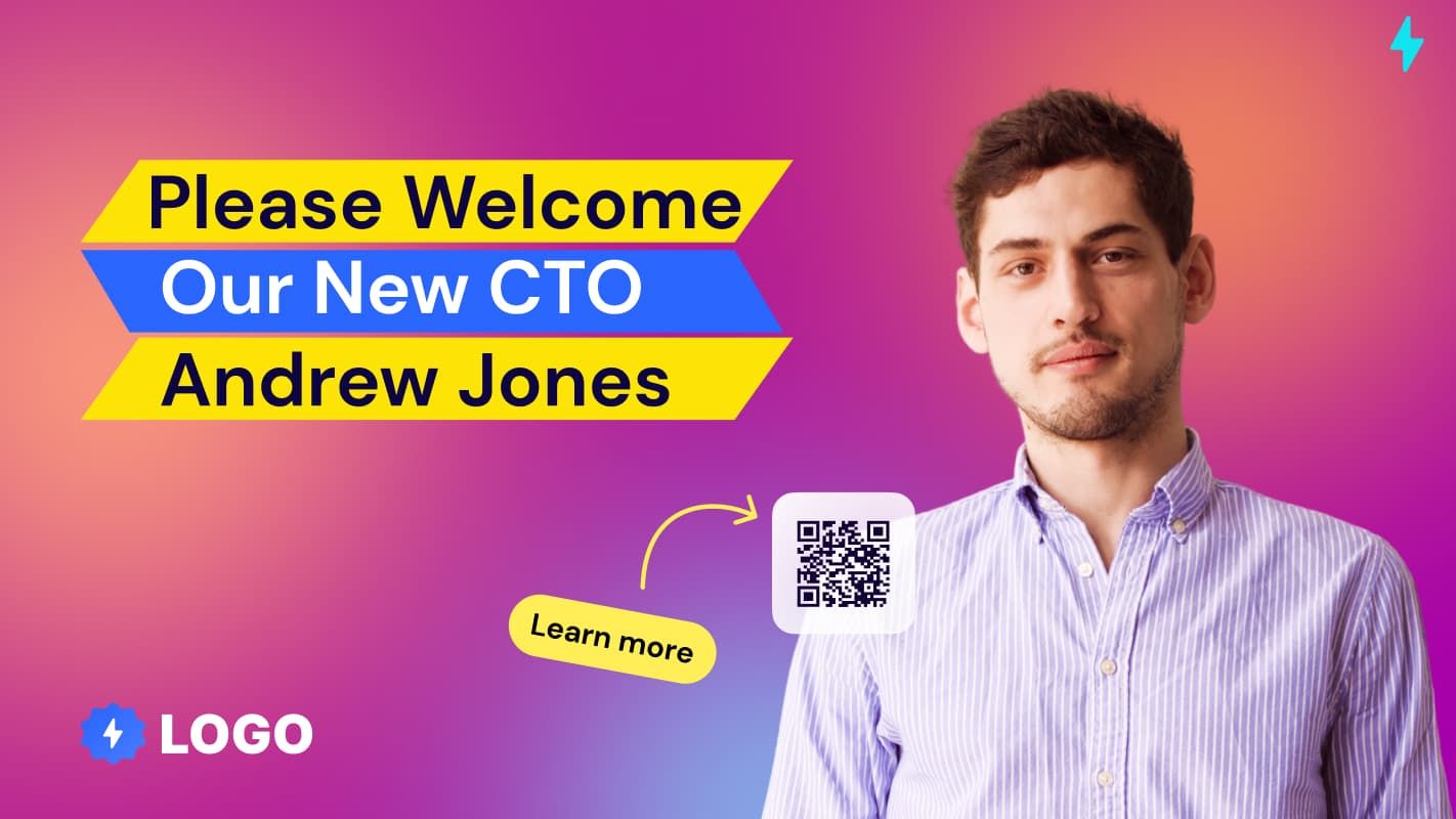 A digital signage template for the purpose of employee engagement shows a photo of a male CTO, along with a message encouraging employees to scan a QR code to learn more about the new CTO.