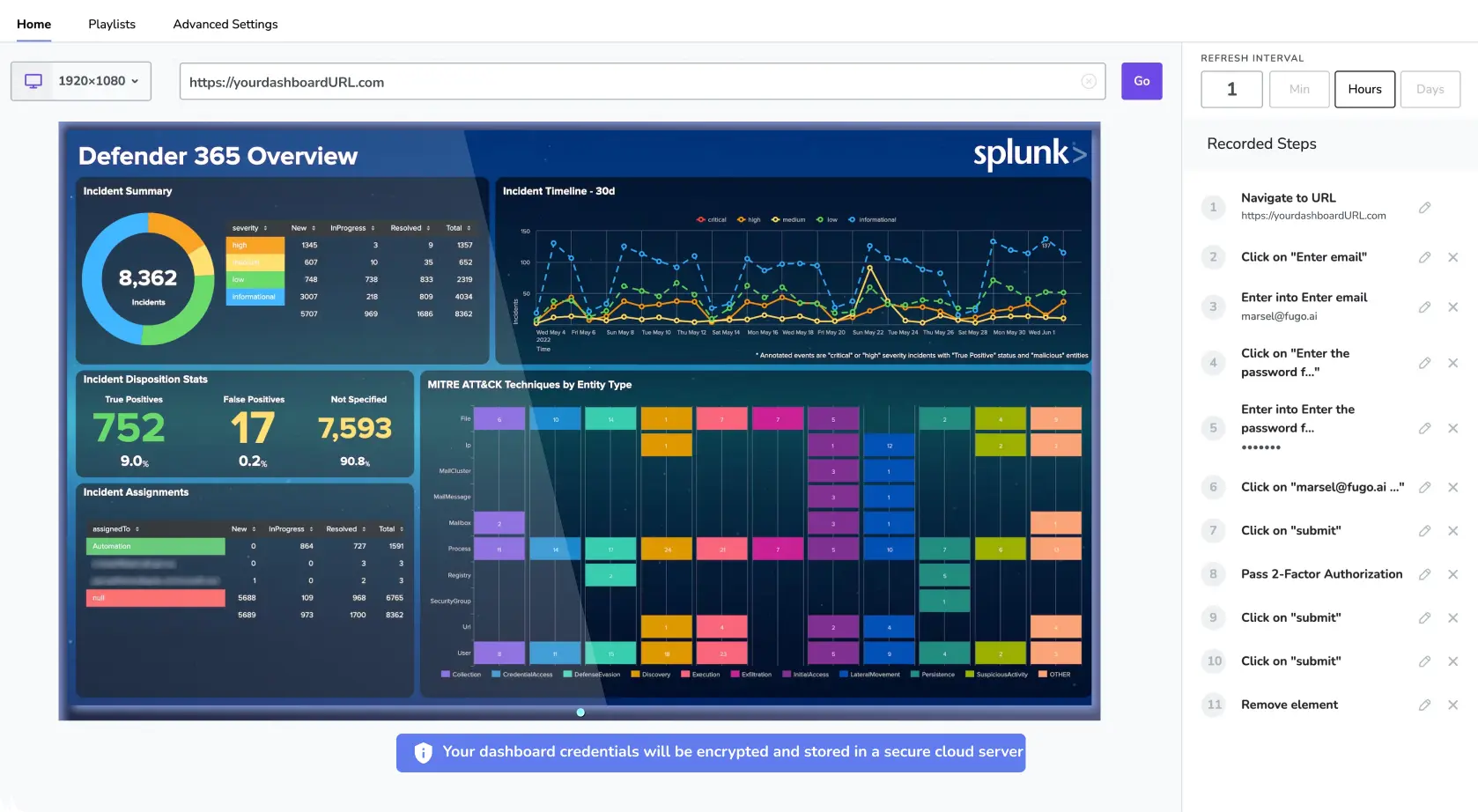 A screenshot of Fugo's TV Dashboard software shows a Splunk dashboard being configured for display on a digital signage screen