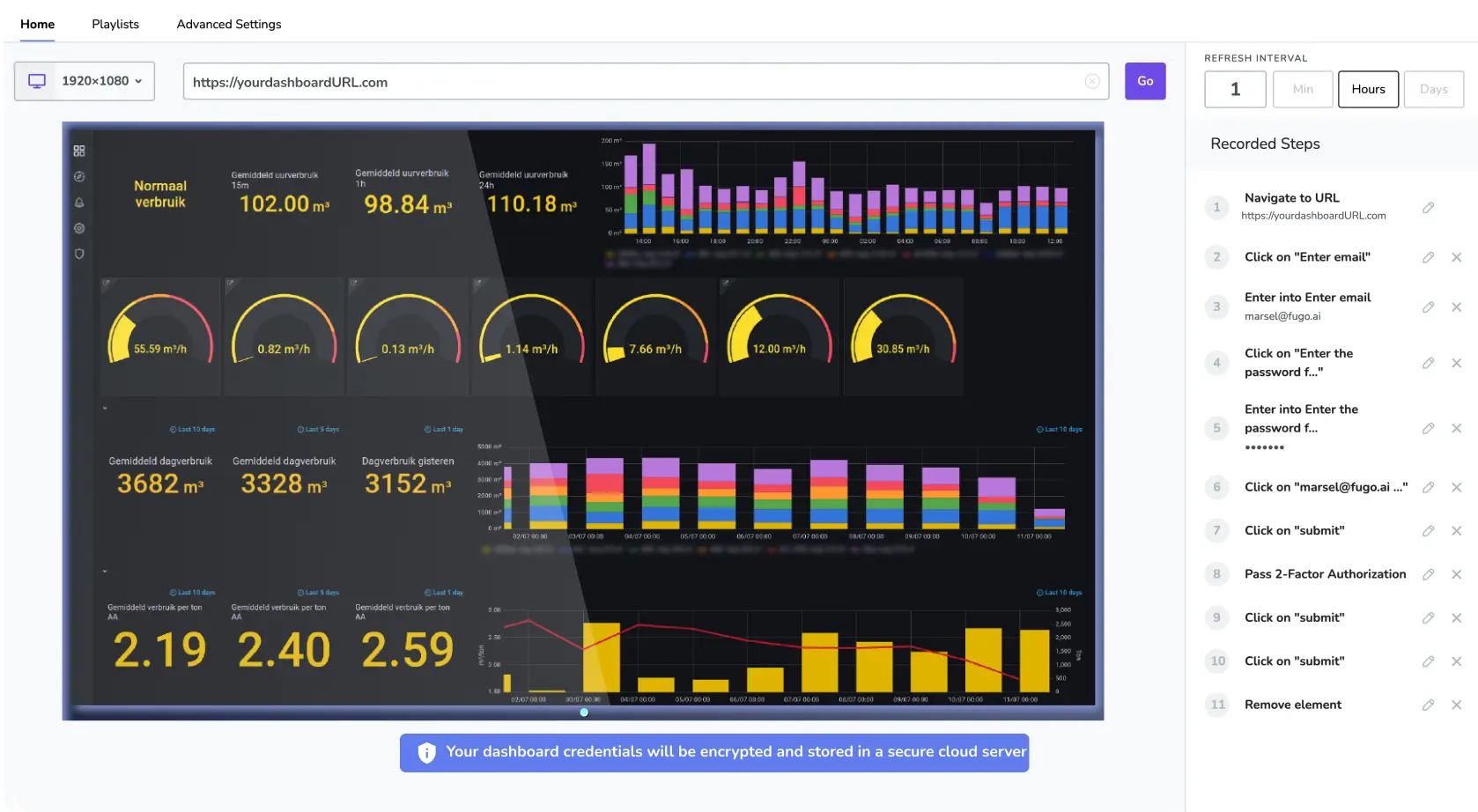 A screenshot of Fugo's TV Dashboard software shows a Grafana dashboard being configured for display on a digital signage screen