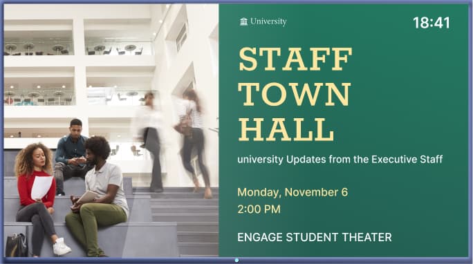 A university digital signage screen shows a slide reminding students about an upcoming staff & student event.