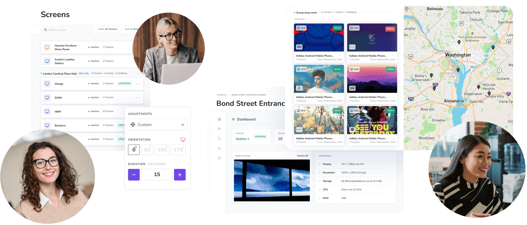 A UI element screenshot of the Fugo platform depicts the digital signage screen monitoring function of Fugo.