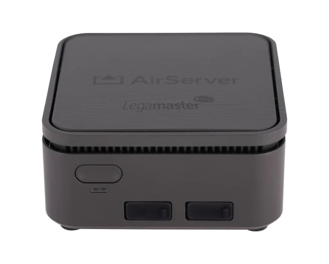 The AirServer screen mirroring device is positioned facing forward with the AirServer logo visible on the top of the device.