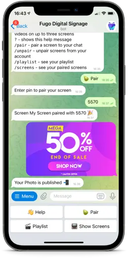 An iPhone is open with Fugo's digital signage app for Telegram.
