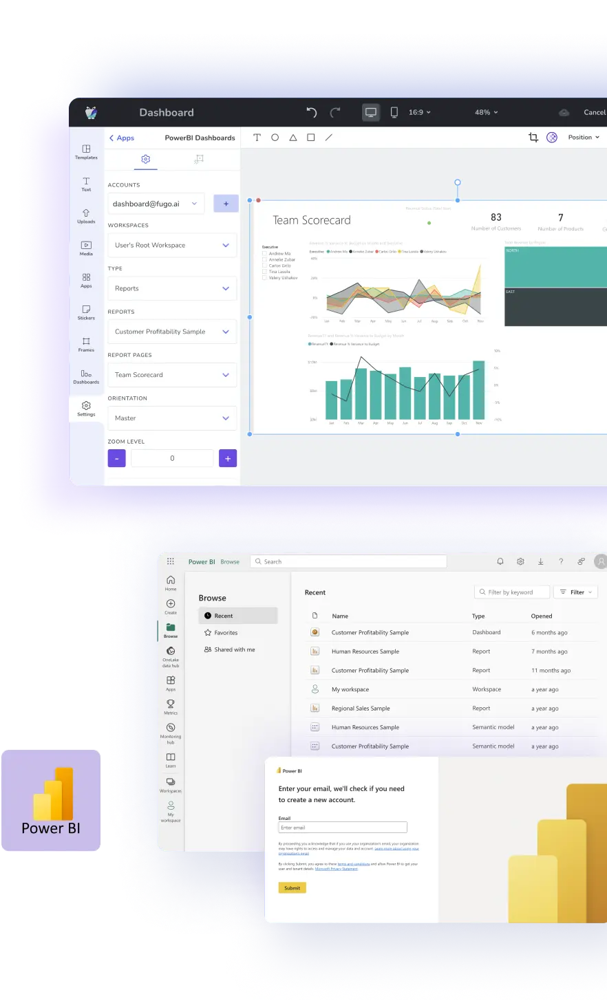 A screenshot of Fugo's TV Dashboard software shows an MS Power BI dashboard being configured for display on a digital signage screen