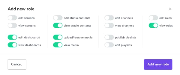 A UI element screenshot of the Fugo digital signage platform depicts the function of user roles & permissions.